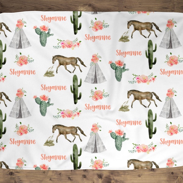 Western Floral Cactus Horse Personalized Girl Name Blanket, Name Baby Blanket, Baby Gift, Horse Blanket, Blanket Girl Floral, Girl Gift Idea