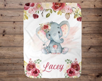 Elephant Personalized Blanket, Baby Blanket, Name Baby Blanket, Girl Baby Gift, Floral, Swaddle Blanket, Blanket Girl, Elephant, Pink, Minky