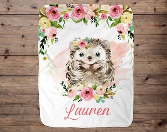 Hedgehog Personalized Blanket, Baby Blanket, Name Baby Blanket, Girl Baby Gift, Floral, Baby Blanket, Blanket Girl, Hedgehog, Pink, Minky