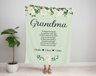 Personalized Grandma Blanket, White Floral Throw, Mother's Day Gift, Customized  Hugged Really Tight