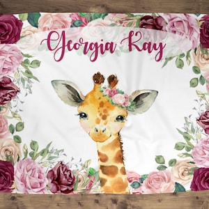 Giraffe Personalized Baby Girl Blanket, Baby Blanket, Name Baby Blanket, Baby Gift, Baby, Giraffe Blanket, Blanket Girl, Floral, Burgandy