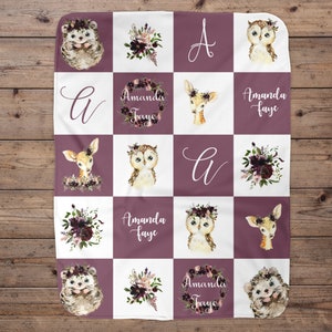 Woodland Animal Personalized Baby Blanket, Baby Blanket, Name Baby Blanket, Girl Baby Gift, Floral, Gift for Girl, Blanket Girl, Nursery