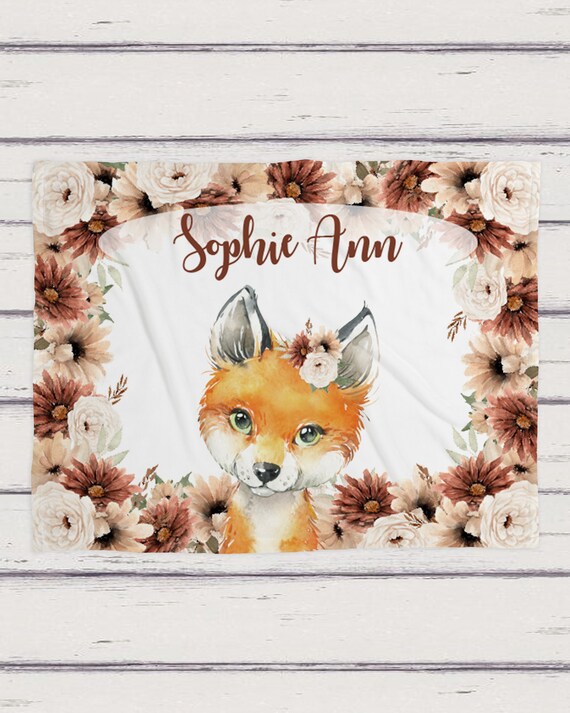 Personalized Baby Blanket With Name - Woodland Animals Fox Design Super Soft 40x50 Custom Throw