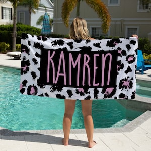 Personalized Pink Leopard Print Name Beach Towel, Girls Beach Towel Gift Idea, Mothers Day Gift, Summer Gift, Beach Idea, Child Name Towel