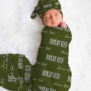 Personalized Baby Boy Custom Green Name Swaddle And Headband For Newborn Baby, Gender Neutral Green Newborn Baby Photo Prop, Baby Boy Gift