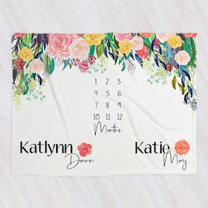 Twin Flower Personalized Milestone Blanket, Baby Age Blanket, Name Baby Blanket, Flower Baby Gift, Girl, Rose Blanket, Girl Twin, Photo prop