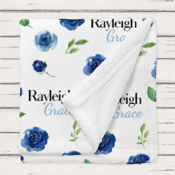 Personalized Blue Rose Girl Pattern Name Blanket, Baby Gift, Pattern Blue Rose Print Blanket Gift Idea, Watercolor Flower Baby Girl Blanket