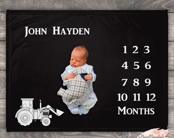 Tractor Milestone Blanket, White Tractor Milestone Baby Blanket, Photo Prop Blanket For Newborn, Baby Shower Gift Idea, Farm Baby Boy Gift