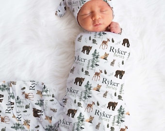 Personalized Woodland Animal Baby Name Custom Swaddle Gift Idea For Baby Boy, Newborn Baby Woodland Animal Swaddle Blanket Photo Prop, Deer