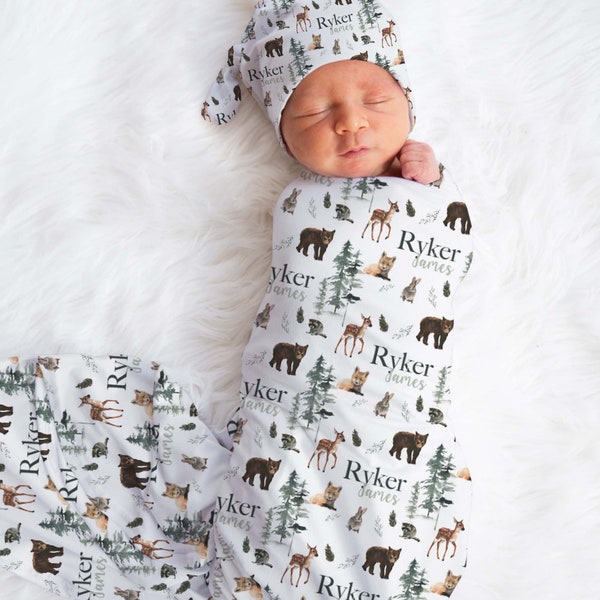 Personalized Woodland Animal Baby Name Custom Swaddle Gift Idea For Baby Boy, Newborn Baby Woodland Animal Swaddle Blanket Photo Prop, Deer