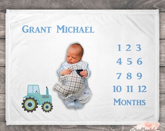 Tractor Milestone Blanket, Blue Tractor Milestone Baby Blanket, Photo Prop Blanket For Newborn, Baby Shower Gift Idea, Farm Baby Boy Gift