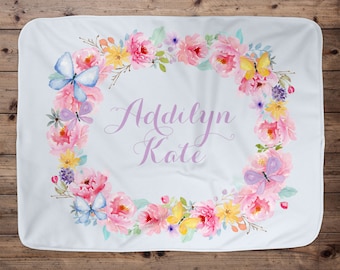 Butterfly Personalized Baby Blanket, Baby Blanket, Name Baby Blanket, Girl Baby Gift, Floral, Gift for Girl, Blanket Girl, Butterfly Nursery