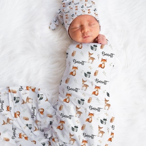 Personalized Woodland Animal Baby Name Custom Swaddle Gift Idea For Baby Boy, Newborn Baby Woodland Animal Swaddle Blanket Photo Prop, Deer