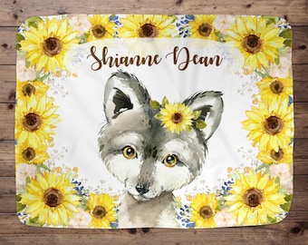 Wolf Personalized Baby Blanket, Baby Blanket, Name Baby Blanket, Wolf Baby Gift, Farm Baby, Farm Blanket, Blanket Girl, Floral, Sunflower