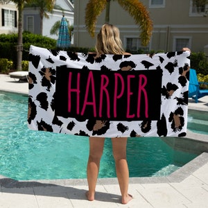 Personalized Pink Leopard Print Name Beach Towel, Girls Beach Towel Gift Idea, Mothers Day Gift, Summer Gift, Beach Idea, Child Name Towel
