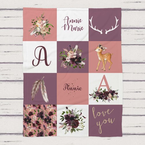Deer Baby Girl Name Blanket Blush Pink Floral Personalized Etsy