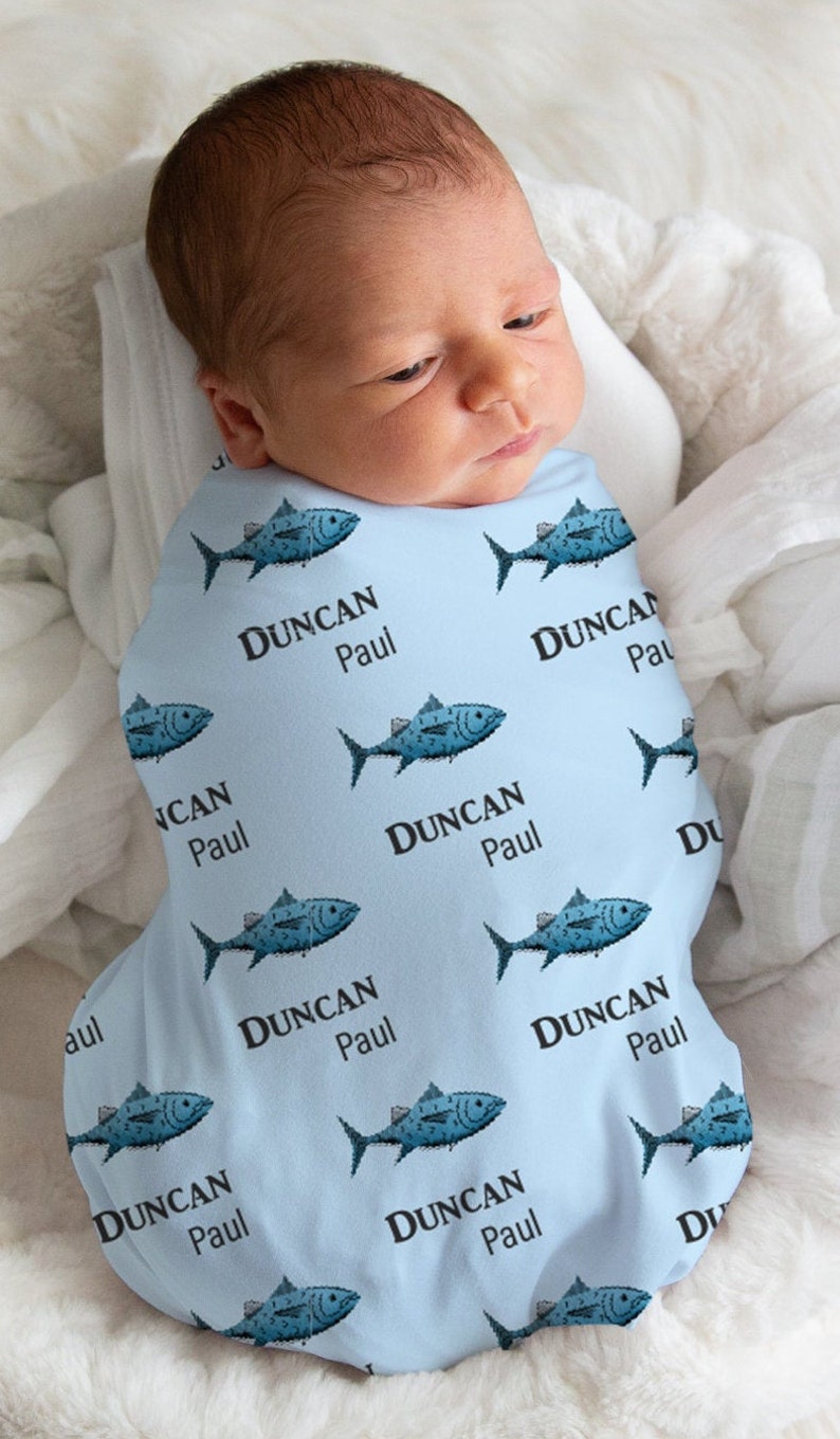 Personalized Blue Fish Baby Boy Fisherman Swaddle Blanket Gift Etsy