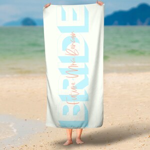 Personalized Bride Name Beach Towel, Bridal Party Gift Idea, Summer Wedding, Maid of Honor, Bridesmaid Idea, Wife Towel, Her Marriage Gift