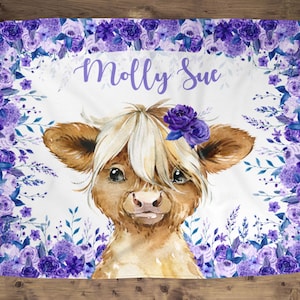 Personalized  Purple Floral Highland Cow Name Baby Girl Blanket, Girl Baby Gift, Purple Floral Baby, Cow Blanket, Purple Highland Cow Cuddle