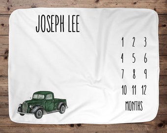 Custom Vintage Truck Age Milestone Blanket For Baby Boy, Custom Blanket, Milestone Blanket Boy, Age Baby Blanket, Baby Boy Gift, Vintage Boy
