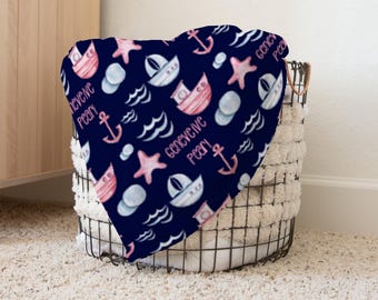 Custom Girl Ocean Name Pattern Blanket Gift Idea, Personalized Minky Boat Name Blanket, Sea Boat Personalized Name Blanket