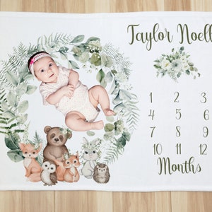 Personalized Woodland Forest Animal Baby Girl Floral Photo Blanket Milestone Gift Idea, Photo Prop Blanket For Baby Girl, Woodland Theme