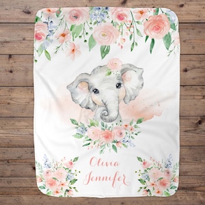 Custom Pink Elephant Personalized Name Blanket, Toddler Blanket, Name Baby Blanket, Little Girl Gift, Pink Floral Elephant Blanket Girl Gift