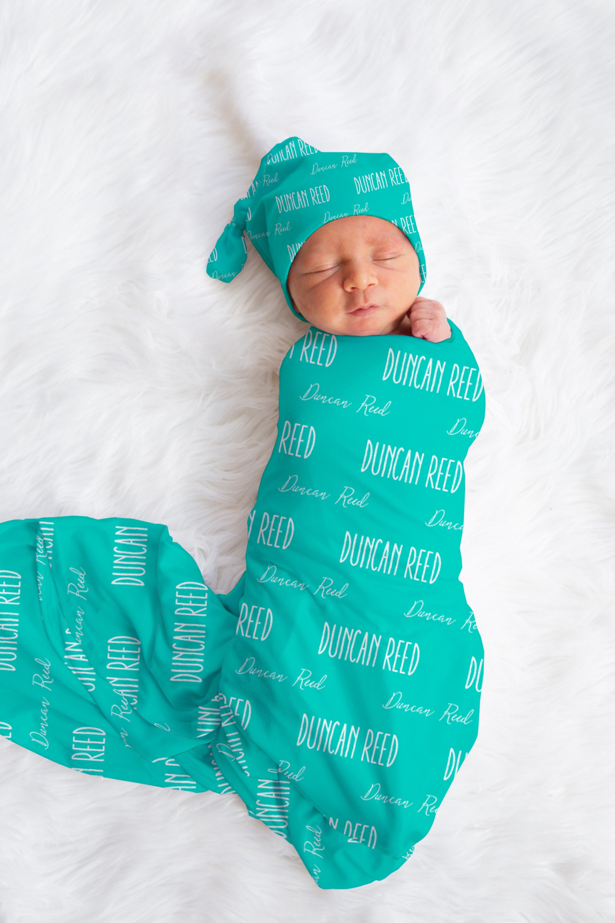 Personalized Baby Custom Teal And White Name Swaddle And Hat For Newborn Baby, Gender Neutral Blue Newborn Baby Photo Prop, Baby Boy Gift