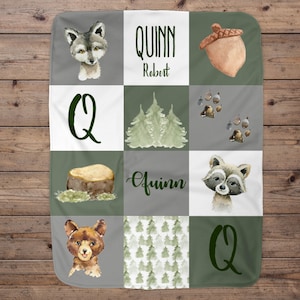 Personalized Woodland Style Forest Animal Baby Boy Name Blanket, Name Baby Blanket, Baby Boy Gift, Wild Baby, Wolf Blanket Boy, Woodland Boy
