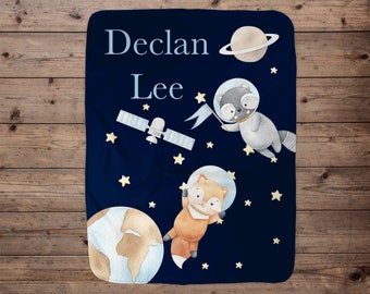 Woodland Animals In Space Personalized Name Baby Blanket, Name Baby Blanket, Boy Baby Gift, Woodland Baby, Forest Animal Space  Boy Blanket