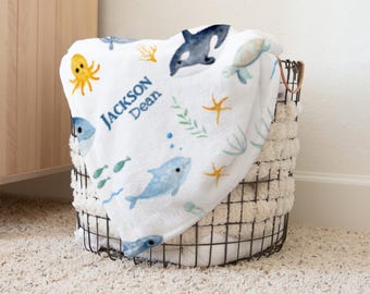 Custom Ocean Animal Under The Sea Name Pattern Blanket Gift Idea, Personalized Minky Shark Name Blanket, Shark Personalized Name Blanket