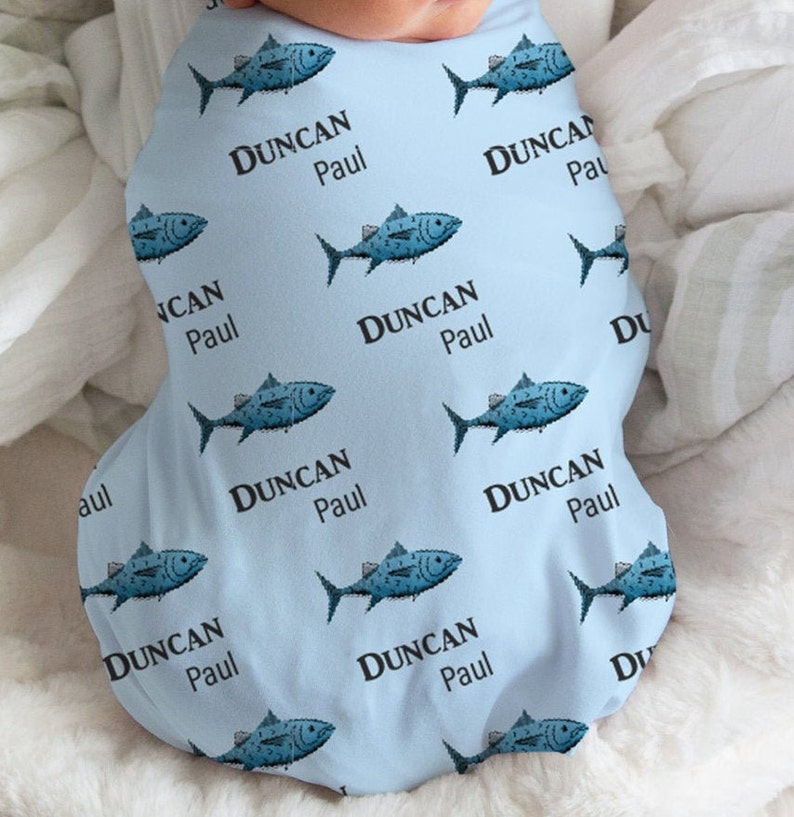 Personalized Blue Fish Baby Boy Fisherman Swaddle Blanket Gift Etsy