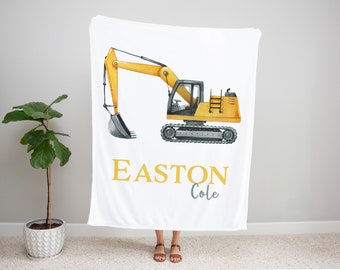 Personalized Yellow Excavator Name Construction Boy Blanket, Name Boy Blanket, Baby Gift, Blankets, Blanket Boy, Name, Construction Zone Boy