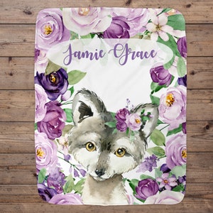 Wolf Personalized Baby Girl Blanket, Baby Blanket, Name Baby Blanket, Baby Girl Gift, Floral Baby, Wolf Blanket, Blanket Girl, Girl, Purple