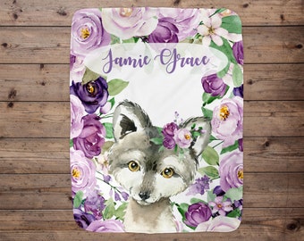 Wolf Personalized Baby Girl Blanket, Baby Blanket, Name Baby Blanket, Baby Girl Gift, Floral Baby, Wolf Blanket, Blanket Girl, Girl, Purple