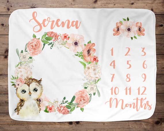 Owl With Peach Floral Wreath Woodland Animal Baby Girl Custom Name Milestone Blanket. Woodland Animal Age Blanket Photo Prop Gift Blanket Etsy