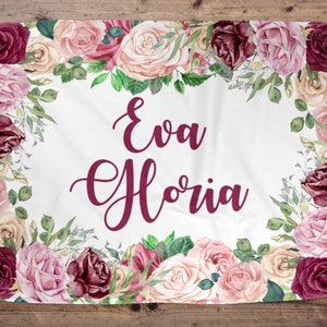 Personalized Rose Floral Baby Girl Blanket, Baby Blanket, Name Baby Blanket, Rose Baby Gift Blanket, Blanket Girl, Floral, Burgundy Flowers