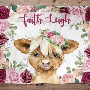 Highland Cow Personalized Baby Girl Blanket, Baby Blanket, Name Baby Blanket, Cow Baby Gift, Farm Baby, Farm Blanket, Blanket Girl, Floral
