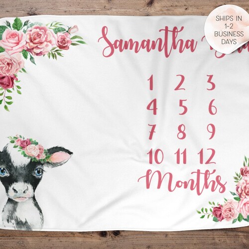 Cow Personalized Milestone Blanket Baby Age Blanket Name Etsy
