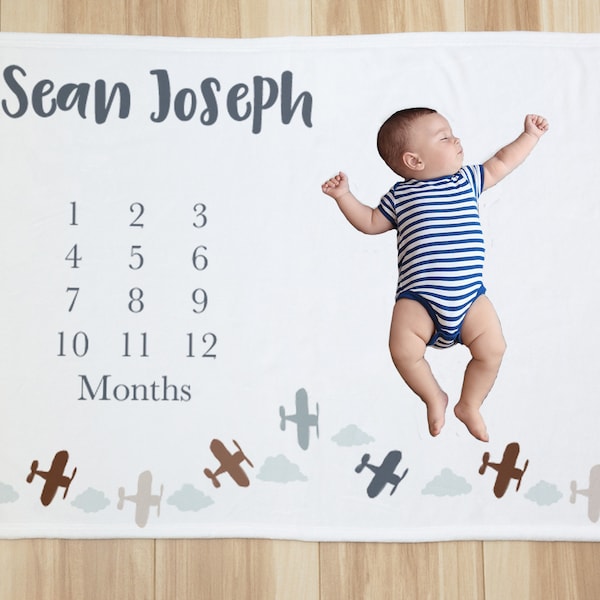 Custom Flying Colorful Airplane Age Name Milestone Baby Blanket Photo Prop For Newborn, Planes Baby Shower Gift Idea, Plane Baby Gift, Boy