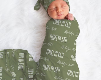 Personalized Baby Boy Custom Green Name Swaddle And Headband For Newborn Baby, Gender Neutral Green Newborn Baby Photo Prop, Baby Boy Gift