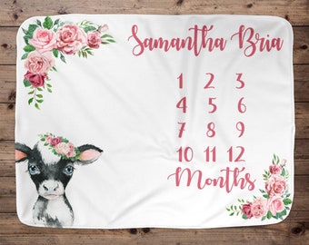 Cow Personalized Milestone Blanket, Baby Age Blanket, Name Baby Blanket,Flower Baby Gift, Rose Baby, Rose Blanket, Blanket Girl, Photo prop