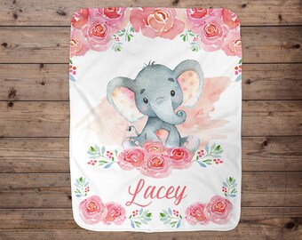Elephant Personalized Blanket, Baby Blanket, Name Baby Blanket, Girl Baby Gift, Floral Elephant Blanket, Blanket Girl, Elephant, Pink, Minky