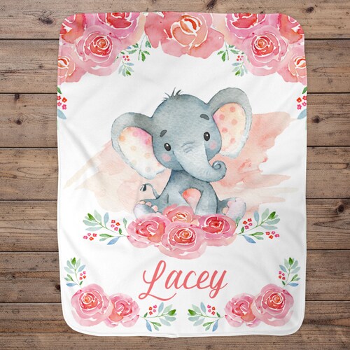 Personalized Baby Blanket Girl Elephant Baby Name Etsy
