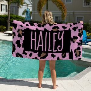 Personalized Pink Leopard Print Name Beach Towel, Girls Beach Towel Gift Idea, Mothers Day Gift, Summer Gift, Beach Idea, Child Name Towel