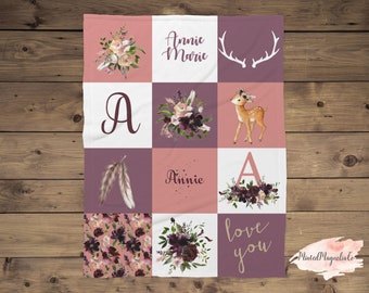 Deer Personalized Baby Blanket, Baby Blanket, Name Baby Blanket, Girl Baby Gift, Boho Floral, Gift for Girl, Her, Blanket Girl, Boho Nursery