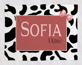 Pink Cow Print With Bow Personalized Girl Blanket, Name Baby Blanket Cow Baby Gift, Farm Baby, Farm Blanket, Blanket Girl, Floral, Girl Name
