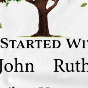 May include: A white background with a green tree with brown branches and green leaves. The text "IT ALL STARTED WITH YOU" is below the tree. The names "John" and "Ruth" are below the text.