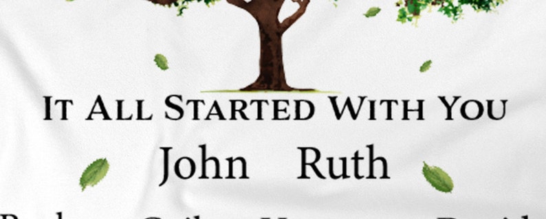 May include: A white background with a green tree with brown branches and green leaves. The text "IT ALL STARTED WITH YOU" is below the tree. The names "John" and "Ruth" are below the text.
