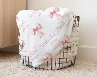 Custom Girl Pink Bow Blanket, Personalized Coquette Bow Baby Blanket, Name Pink Coquette Bow Blanket, Baby Girl Gift, Customized Baby Gift